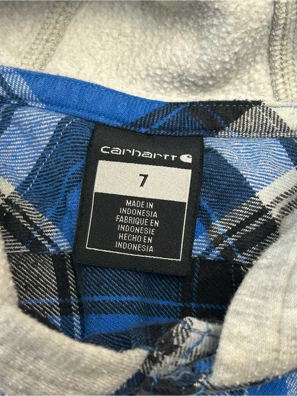 Carhartt Boys Hooded Flannel Shirt Size 7 Blue Plaid Button Down 100% Cotton